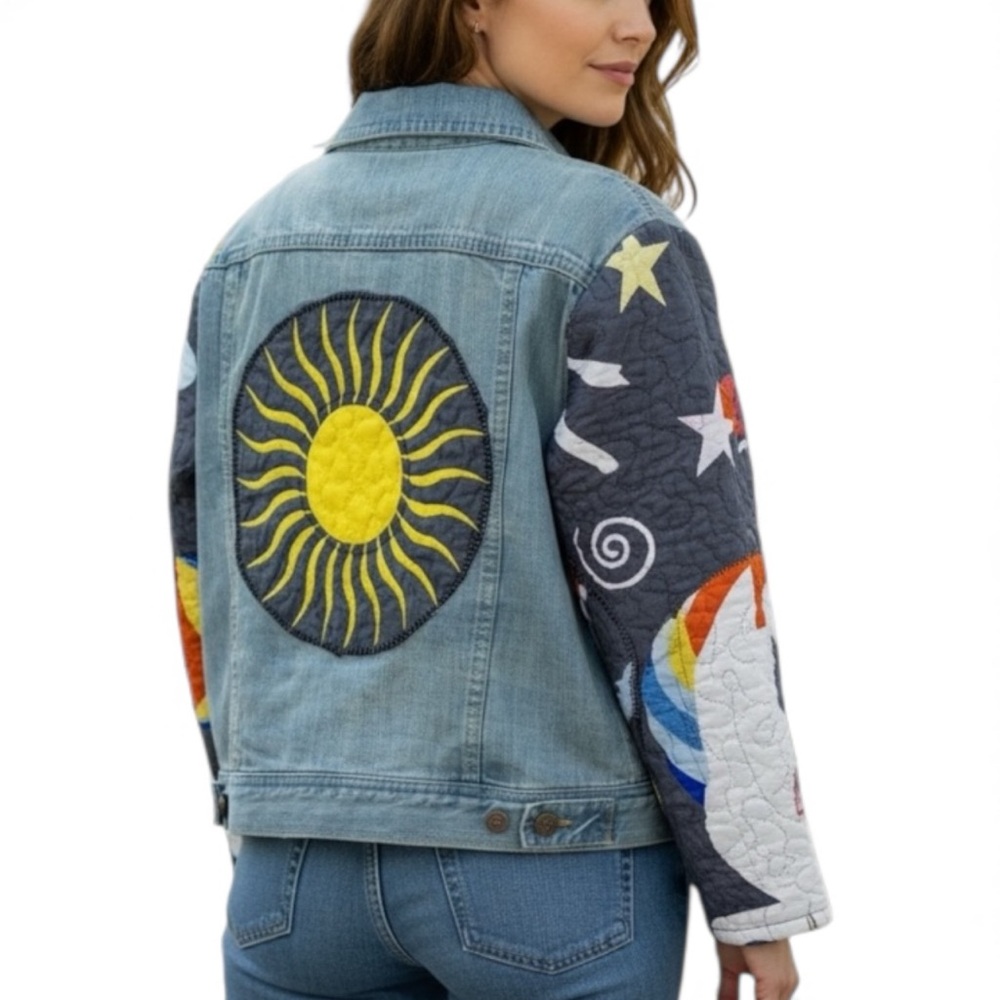 Up Cycled Denim Jacket with Unicorn Rainbow‎ Colorful Sleeves Girls Large 10-12